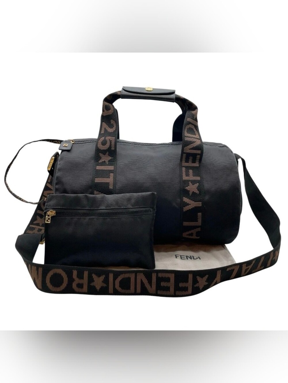 Authentic Fendi Papillon Logo Line Nylon Black Boston bag